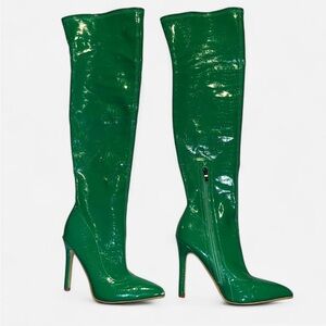 Crocodile green point toe stiletto heeled over knee faux leather boots